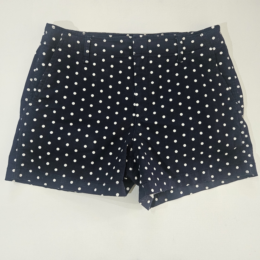 Gap Downtown Khaki Shorts Womens Size 10P Navy Blue White Polka Dot High Rise